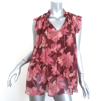 Zimmermann Concert Frilled Tie-Neck Top Burgundy Peonies Print Silk Size 1