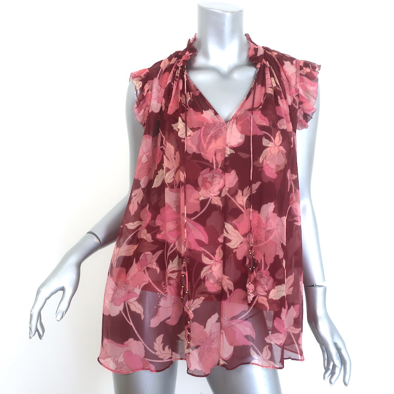 Zimmermann Concert Frilled Tie-Neck Top Burgundy Peonies Print Silk Size 1