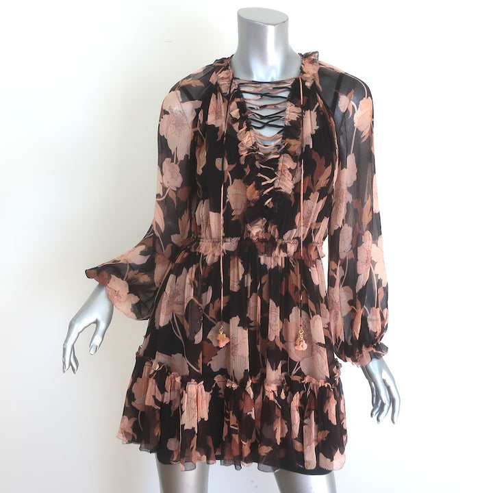 Zimmermann Concert Lace-Up Mini Dress Black Peonies 