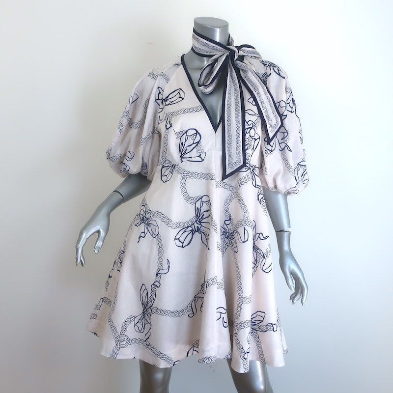 Zimmermann Day Tie-Neck Puff Sleeve Mini Dress White/Navy