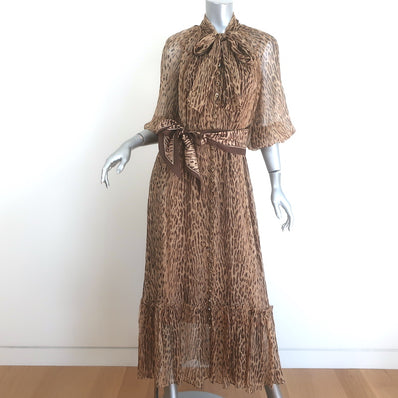 Zimmermann Espionage Leopard Print Pussy Bow Maxi Dress Brown Silk Crepe Size 1