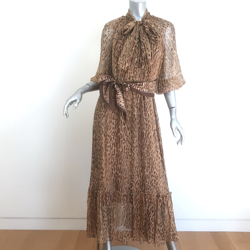 Zimmermann Espionage Leopard Print Pussy Bow Maxi Dress Brown Silk Crepe Size 1