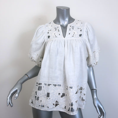 Zimmermann Floral-Embroidered Puff Sleeve Top White Linen Size 1
