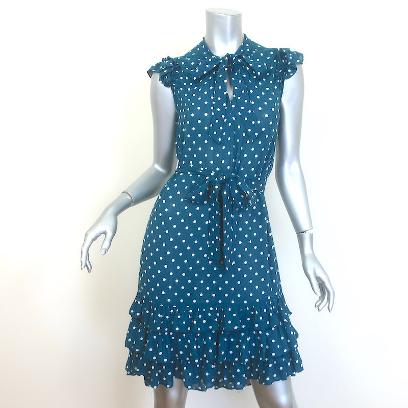 Zimmermann Flutter Sleeve Belted Polka Dot Dress Teal Crepe Size 0