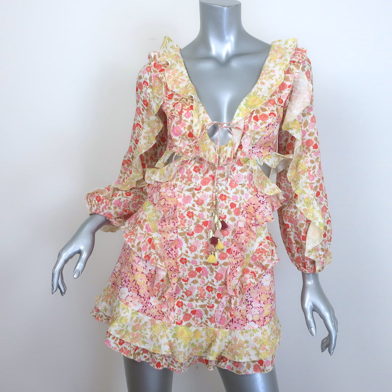 zimmermann goldie spliced short dress Zimmermann Goldie Spliced Mini Dress Multi Floral Print Ruffled Linen Celebrity Owned