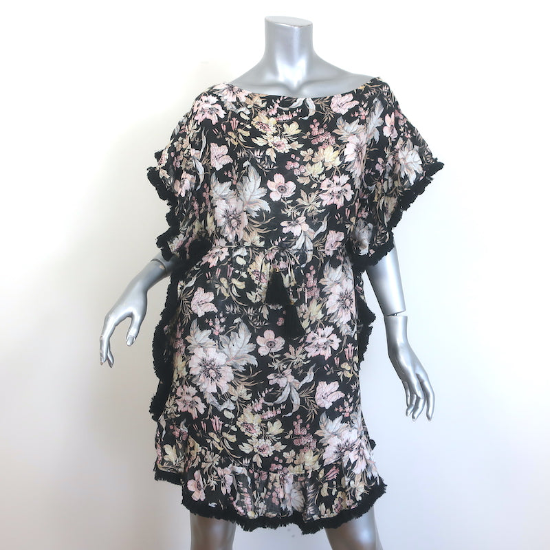 Zimmermann Gossamer Flutter Fringe Mini Dress Black Floral Print Linen Size 2