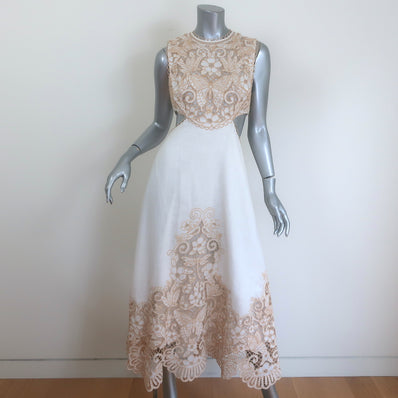 Zimmermann Jeannie Cutout Broderie Anglaise Midi Dress Cream Linen Size 1