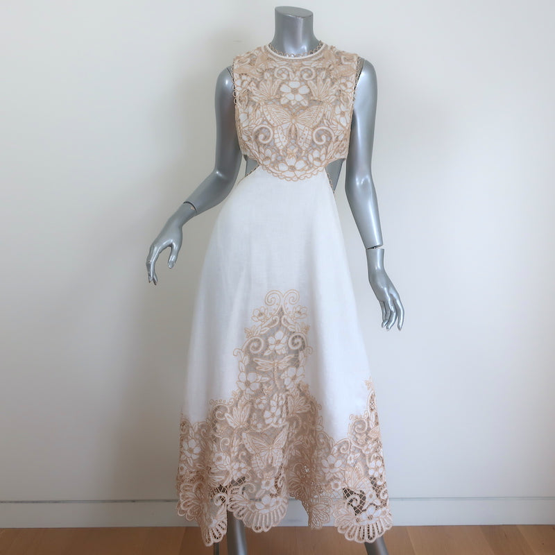 Zimmermann Jeannie Cutout Broderie Anglaise Midi Dress Cream Linen Size 1