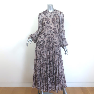 Zimmermann Juno Tiered Midi Dress Mauve Ruffled Floral Print Chiffon Size 2