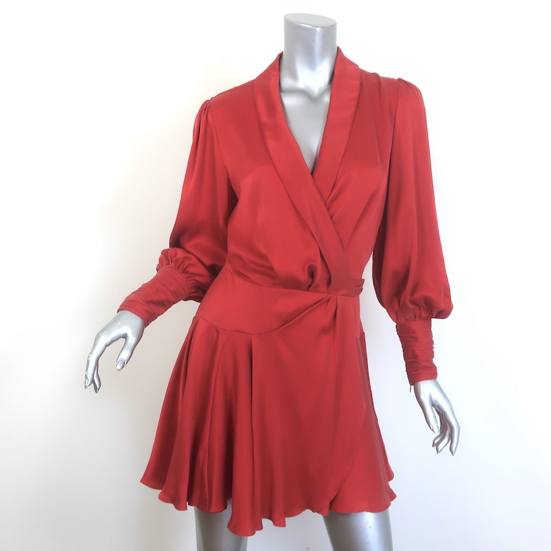 Zimmermann authentic pre-owned crimson silk satin long-sleeve mini wrap dress, V-neck tie-waist, lightly worn