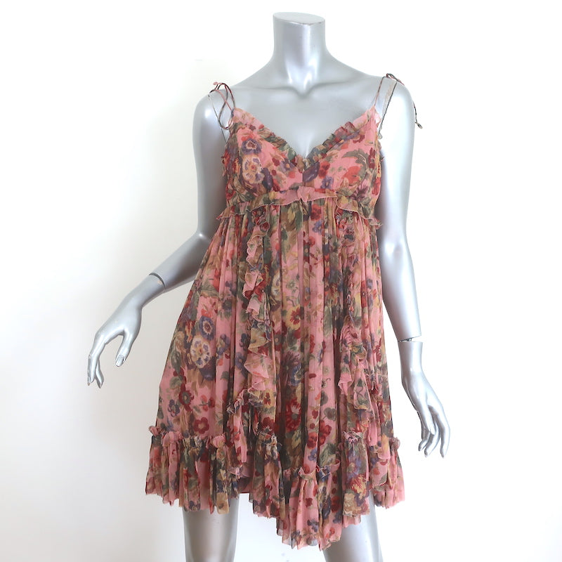Zimmermann Lovelorn Frill Mini Dress Pink Floral Print Silk Chiffon Si –  Celebrity Owned