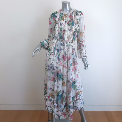 Zimmermann Ninety-Six Linear Ruffled Midi Dress White Floral Print Crepe Size 0