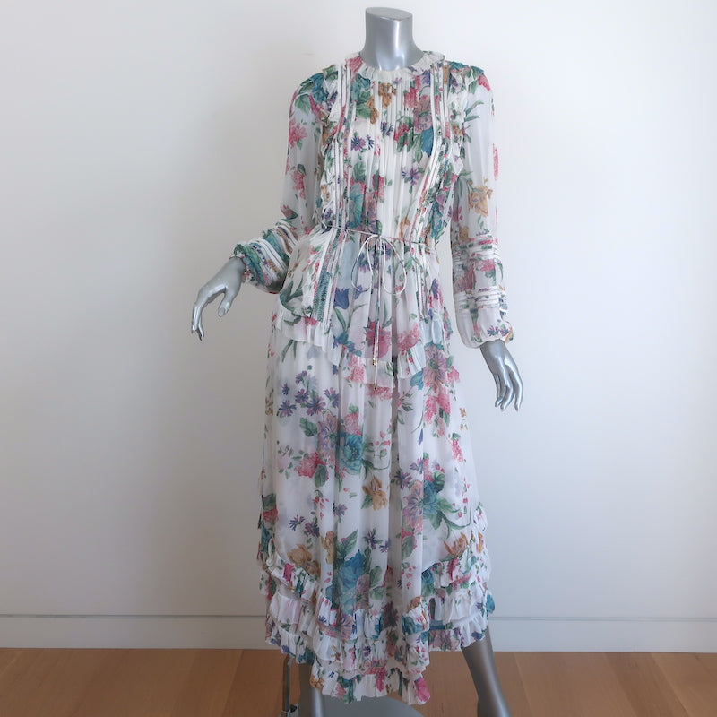 Zimmermann Ninety-Six Linear Ruffled Midi Dress White Floral Print Crepe Size 0
