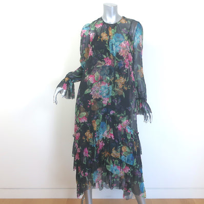 Zimmermann Ninety Six Chevron Frill Midi Dress Black Blossom Chiffon Size 0