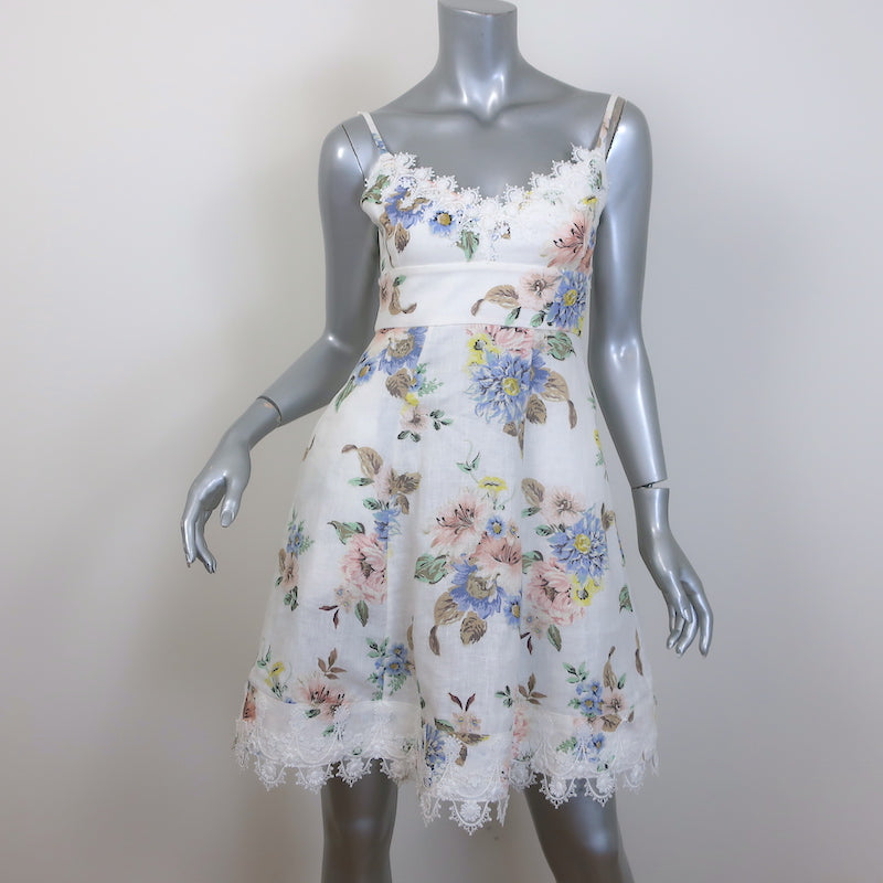 Zimmermann Picnic Lace-Trimmed Mini Dress Cream Floral Print Linen-Silk Size 0