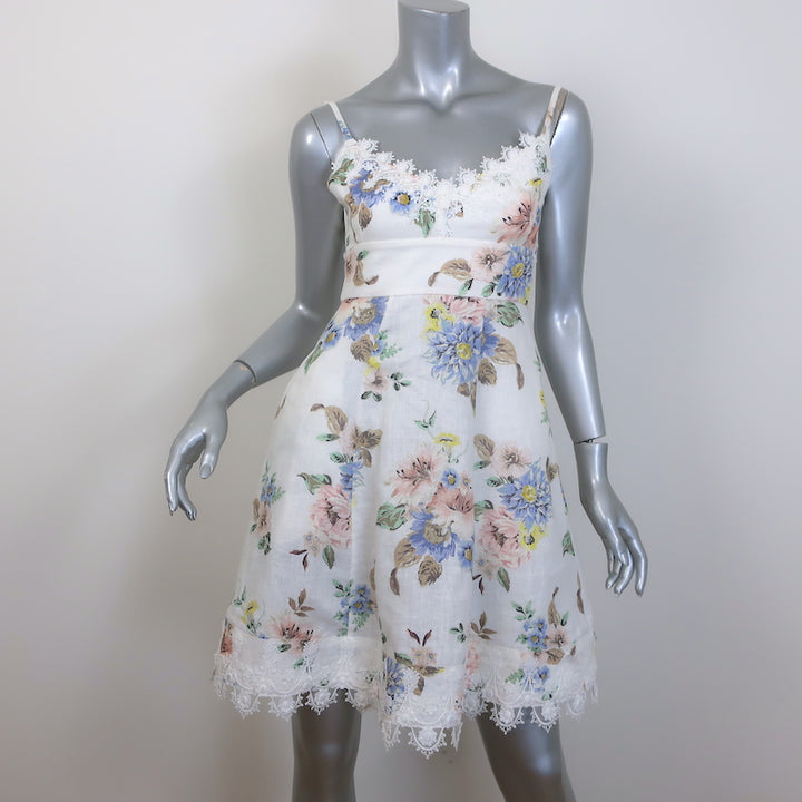 Zimmermann Picnic Lace-Trimmed Mini Dress Cream Floral Print Linen-Silk Size 0