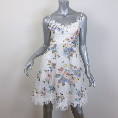 Zimmermann Picnic Lace-Trimmed Mini Dress Cream Floral Print Linen-Silk Size 0