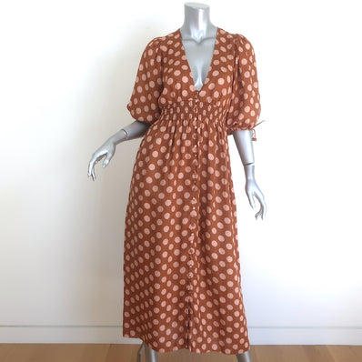 Zimmermann Primrose Puff Sleeve Midi Dress Brown/Pink Polka Dot Linen Size 0