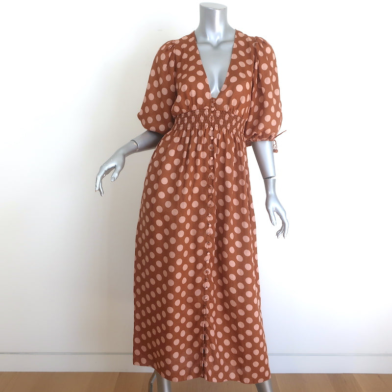Zimmermann Primrose Puff Sleeve Midi Dress Brown/Pink Polka Dot Linen Size 0
