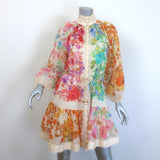 Zimmermann Raie Belted Button-Front Mini Dress Ivory/Multi Floral Print Size 0