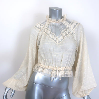 Zimmermann Sabotage silk-blend ivory blouse with lace yoke and ruffled blouson sleeves, pre-owned and gently worn