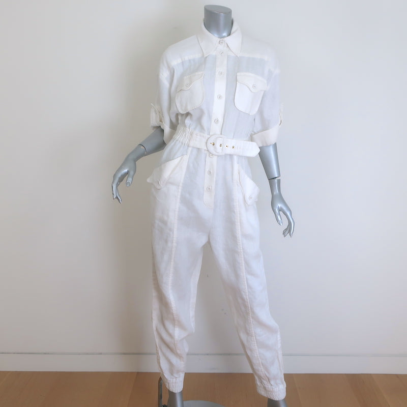 Zimmermann Super Eight Short Sleeve Belted Jumpsuit White Linen Size 2