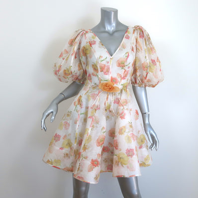 Zimmermann Tranquility Flip Puff Sleeve Mini Dress Cream Floral Print Size 0