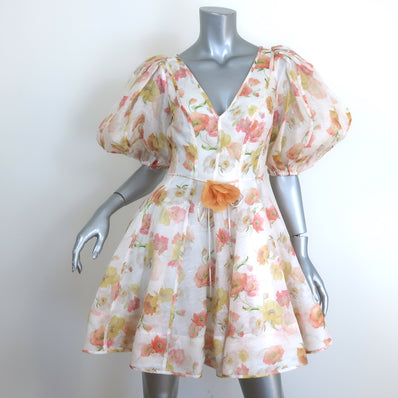 Zimmermann Tranquility Flip Puff Sleeve Mini Dress Cream Floral Print Size 0