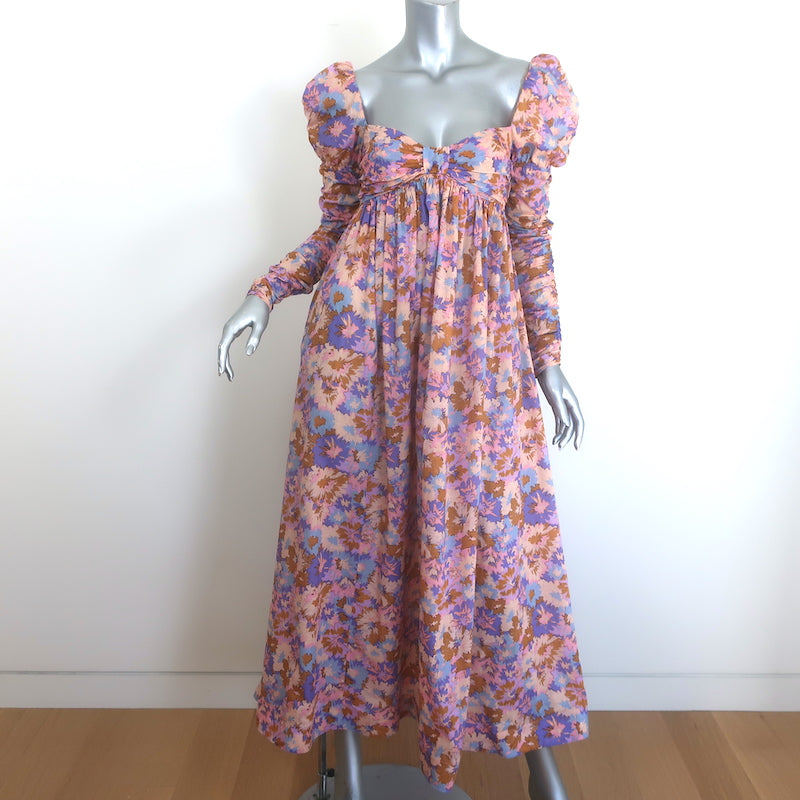 Zimmermann Violet puff-sleeve maxi dress in multicolor floral cotton, pre-owned gently worn, authentic luxury size 0