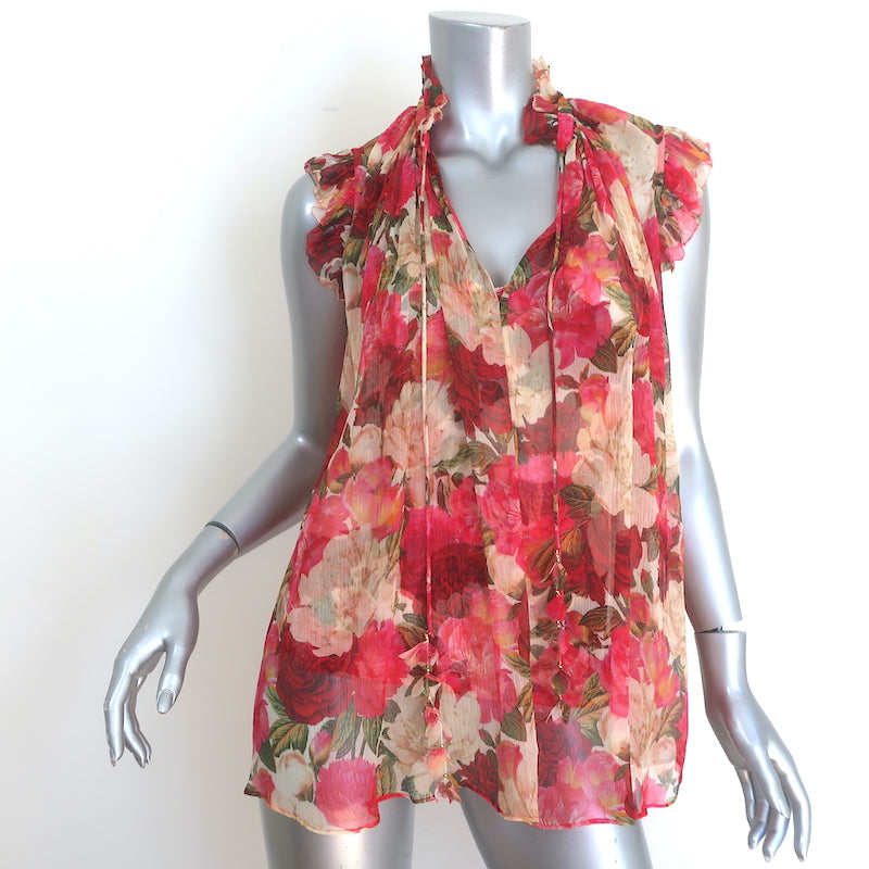 Zimmermann Wonderland Frilled Tank Top Pink Peonies Print Chiffon Size 0 NEW