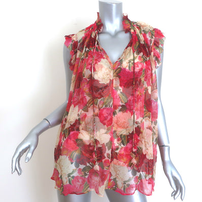 Zimmermann Wonderland Tie-Neck Frilled Top Red Peonies Print Chiffon Size 2