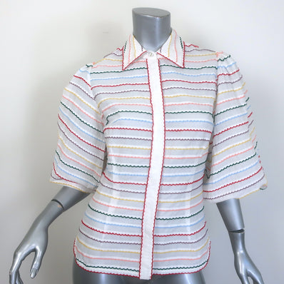Zimmermann Zinnia Scallop Stripe Puff Sleeve Shirt White/Rainbow 