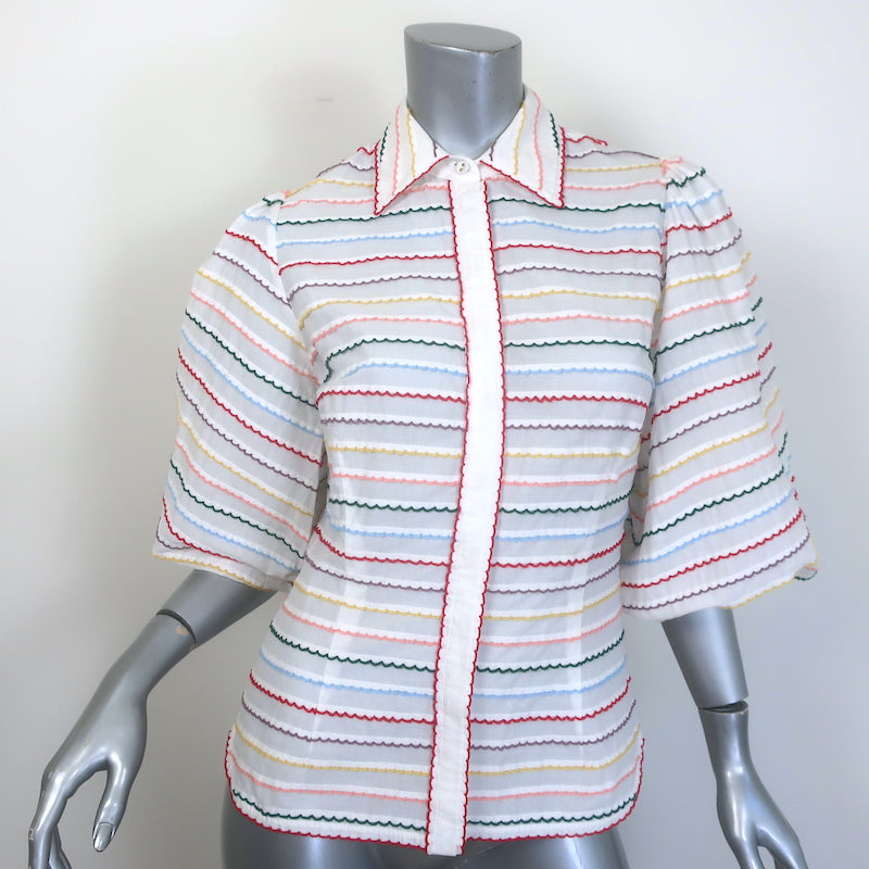 Zimmermann Zinnia Scallop Stripe Puff Sleeve Shirt White/Rainbow 