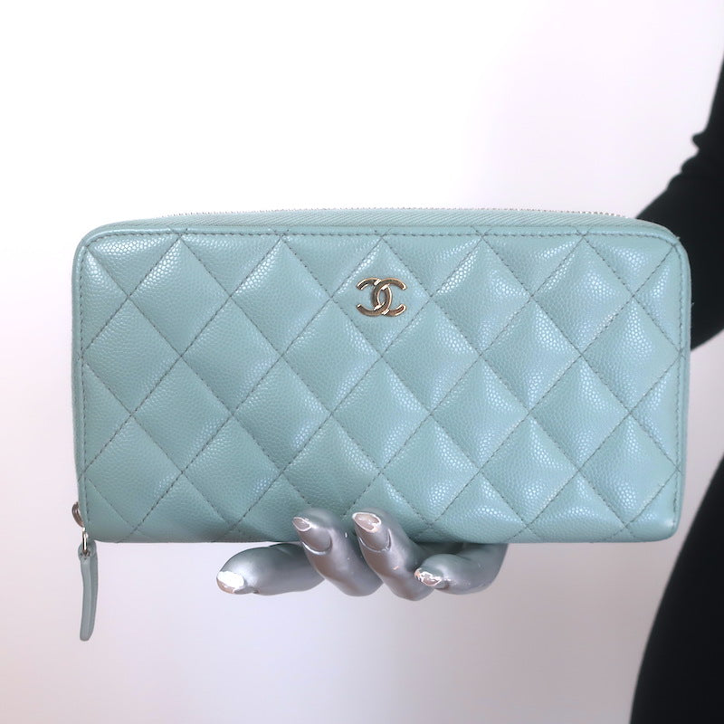 chanel Quilted Caviar Leather Long Zip-Around Wallet Seafoam Blue