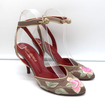 Yves Saint Laurent Opium Lotus Embroidered Pumps Mocha Satin Size 37