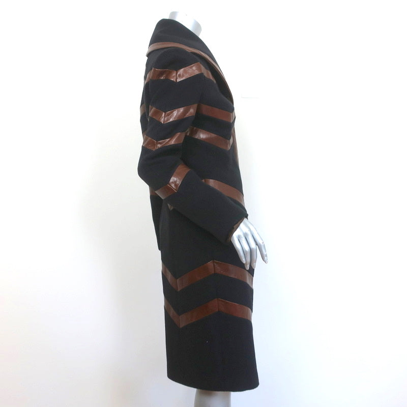 Richard Tyler Couture Coat Black Wool with Brown Leather Trim Size 8 NEW