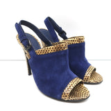Bottega Veneta Slingback Sandals Navy Suede and Natural Snakeskin Size 39 NEW