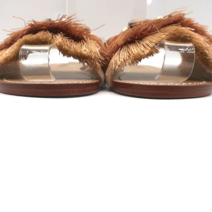 Mystique Shell-Embellished Fringed Slide Sandals Beige Suede Size 7 NEW