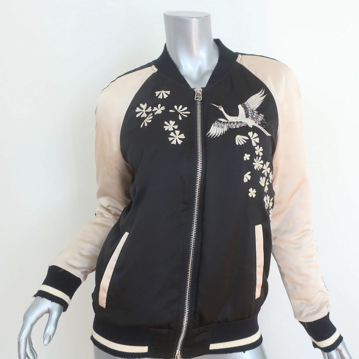 Pam &amp; Gela Crystal Crane Embroidered Satin Bomber Jacket Black/Cream Size Petite