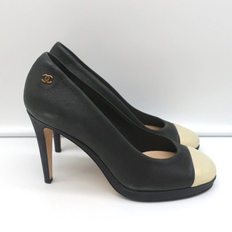 Chanel 15C Metallic Cap Toe Platform Pumps Black/Gold Buffalo Leather Size 38