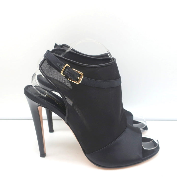 Gianvito Rossi Peep Toe Slingback Booties Black Satin &amp; Organza Size 40 NEW