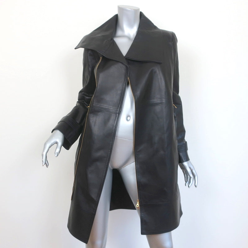Oscar de la Renta Leather Coat Black Size 4 Asymmetric Collar Jacket NEW