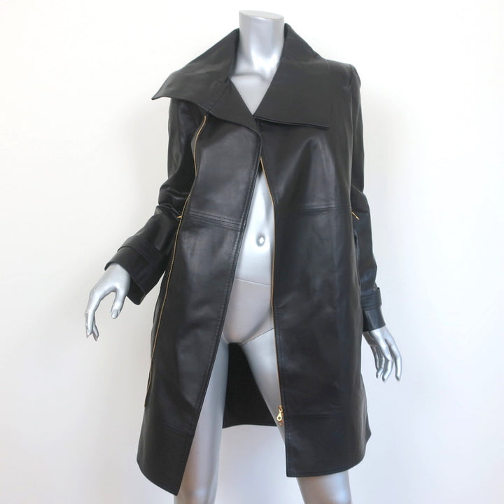 Oscar de la Renta Leather Coat Black Size 4 Asymmetric Collar Jacket NEW