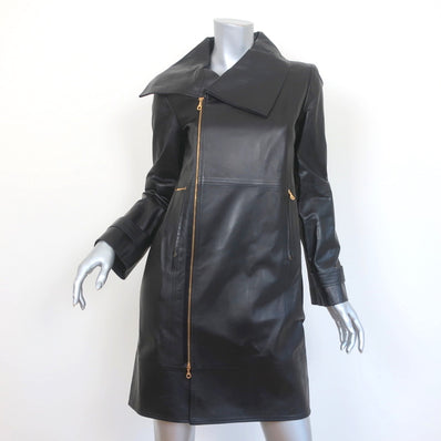 Oscar de la Renta Leather Coat Black Size 4 Asymmetric Collar Jacket NEW