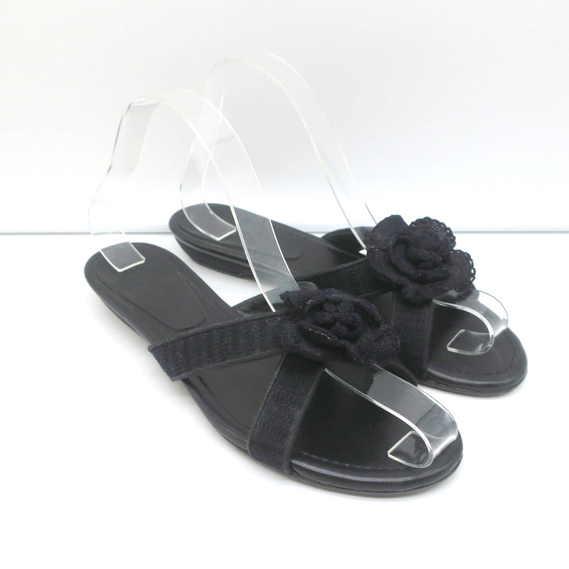 Chanel Beige Black Fabric Criss Cross Puffy CC Logo Slide Mule Sandal Flat  41