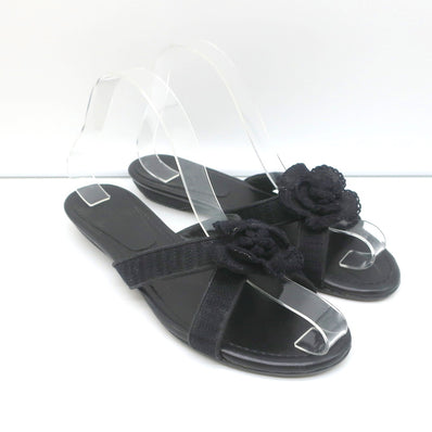 Chanel Crochet Camellia Crisscross Slide Sandals Black Size 37.5