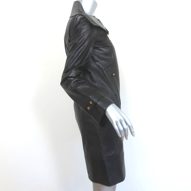Oscar de la Renta Leather Coat Black Size 4 Asymmetric Collar Jacket NEW