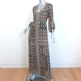 Nanette Lepore Maxi Dress Apache Beige Printed Silk Size 2 V-Neck 3/4 Sleeve