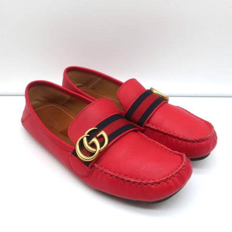 Gucci GG Marmont Web Driver Loafers Red Leather Size 38.5  Celebrity Owned