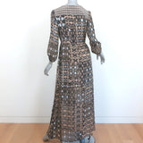 Nanette Lepore Maxi Dress Apache Beige Printed Silk Size 2 V-Neck 3/4 Sleeve